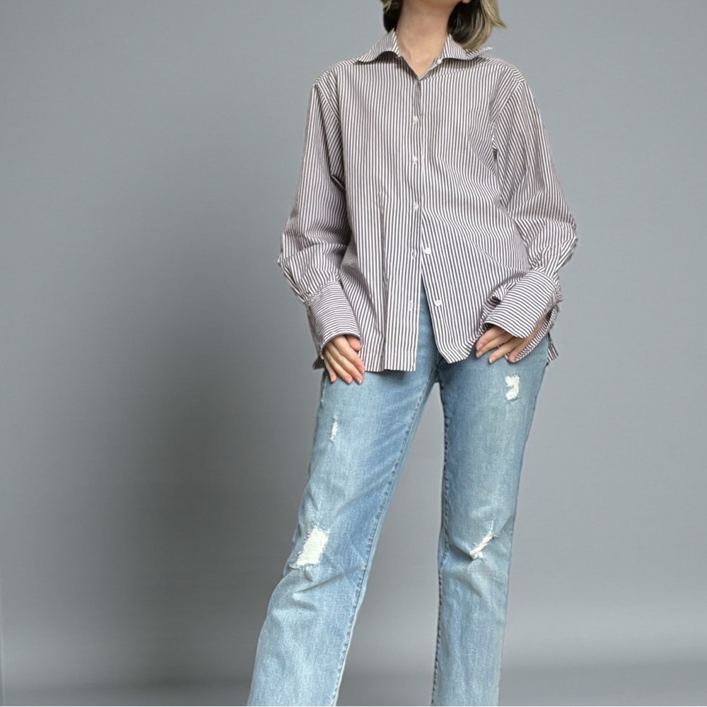 Vintage 90s Burberrys Navy and Nude Striped Blouse Button Front Shirt Large - Picture 3 of 12